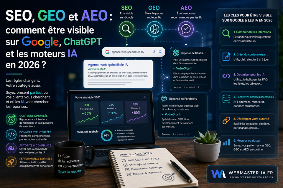 SEO, GEO et AEO : comment être visible sur Google, ChatGPT et les moteurs IA en 2026 ?